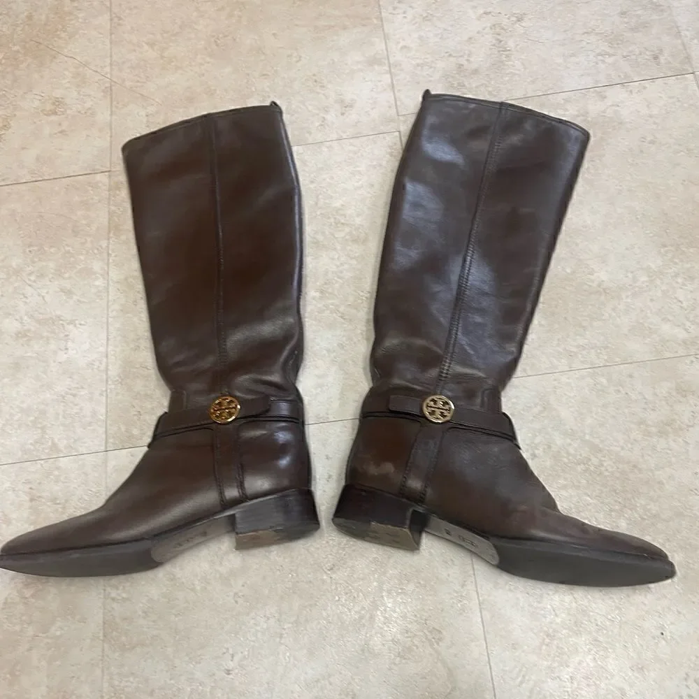 Tory Burch- Brown Bristol Leather Riding Boot with Gold Hardware, Sz 6.5